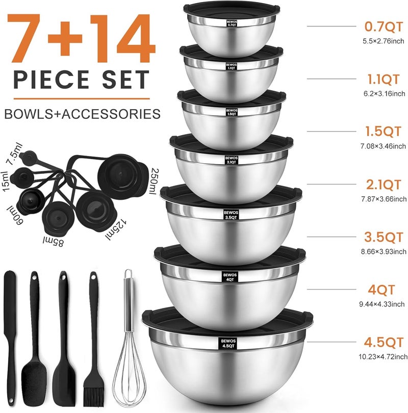 BEWOS 21 Pcs Mixing Bowls with Lids - 7 Stainless Steel Bowls, 3 Graters, 11 Practical Kitchen Accessories, Dishwasher Safe, Ideal for Baking, Meal Prep & On-the-Go, Easy to Store - Image 2